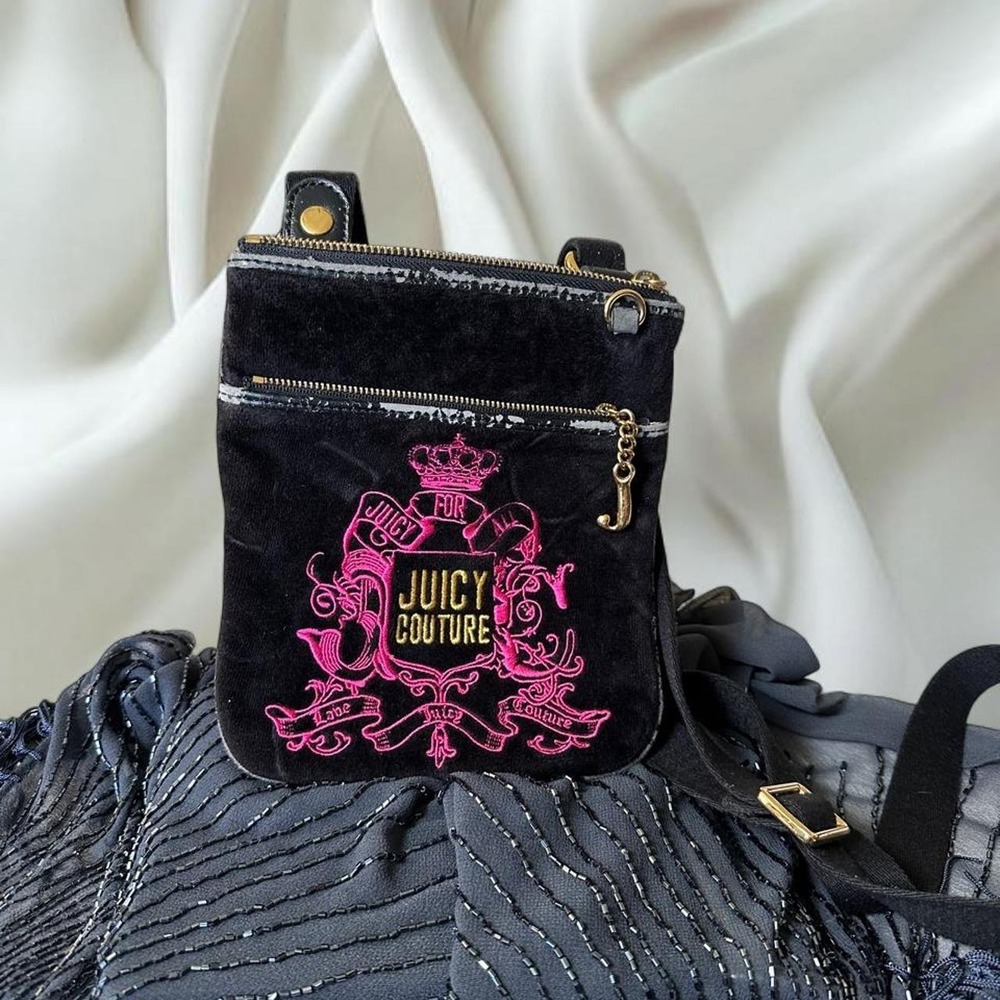 Juicy Couture black velour cross body purse pink embroidered logo y2k vintage